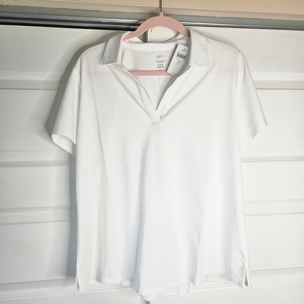 NWOT J. Jill Fit White Cotton Stretch Split-Neck Polo Shirt Top Size LP Petite